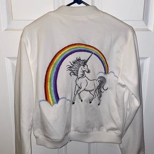 WHITE BOMBER STYLE EMBROIDERED UNICORN JACKET